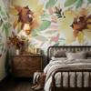 Sunnyday Sunflower Wallpaper in Moody Bedroom With Dark Wood Furniture and Warm Botanical Decor