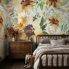 Sunnyday Watercolor Sunflower Wallpaper in Moody Bedroom With Dark Wood Dresser and Vintage Decor