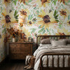Sunnyday Oversized Sunflower Wallpaper in Cozy Bedroom With Dark Wood Furniture and Warm Cottage Styling