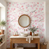 Pink Chinoiserie Cherry Blossom Wallpaper in Cottage Bathroom With Round Mirror
