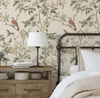 Kelsey Beige and Green Chinoiserie Bird Wallpaper in Traditional Bedroom
