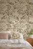 Kelsey Beige Chinoiserie Bird Wallpaper in Soft Bedroom With Vintage Cottage Bedding