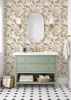 Kelsey Chinoiserie Bird Wallpaper in Elegant Bathroom With Sage Green Vanity