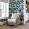 Blue botanical wallpaper reading nook with rattan chair 0402-26