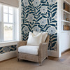 Blue botanical wallpaper reading nook with rattan chair 0402-52
