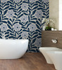 blue botanical wallpaper bathroom accent wall 0402-52