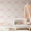 Pink Bow Trellis Wallpaper in luxury baby girl nursery with vintage ribbon design