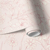 Pink wildflower floral wallpaper with delicate blush floral linework on a warm beige background for nursery bedroom bathroom and romantic cottage interiors