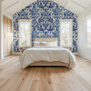 Large scale Royal Blue Damask Wallpaper in an elegant bedroom with oversized 52 inch floral damask