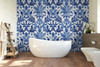 Large scale Royal Blue Damask Wallpaper behind a soaking tub with 52 inch vintage damask pattern