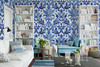 Large scale Royal Blue Damask Wallpaper in a bright living room with 52 inch floral damask repeat