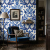 Large scale Royal Blue Damask Wallpaper in a luxury reading room with 52 inch damask design