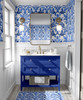 Royal Blue Damask Wallpaper in a bathroom with blue vanity and classic vintage floral wall pattern