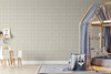 Neutral beige plaid wallpaper in 13 inch repeat styled in a kids bedroom with house bed, blue canopy, play table, and woodland nursery decor