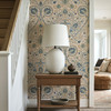 Mid century modern wallpaper with butter yellow background and blue green damask pattern