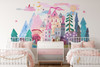 Pink fairytale castle wall decal with watercolor mountains and trees displayed behind two white beds in a children’s bedroom