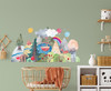 Small Fairytale Forest Lake wall decal above a natural wood crib on a sage green nursery wall
