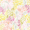 Pink and Yellow Floral Meadow Wallpaper close up showing pink flowers, yellow blooms, soft green leaves, butterflies, and colorful meadow botanical details