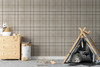 Fall Neutral brown tartan wallpaper in 52 inch repeat styled in a kids room with play tent, dresser, toys, and soft neutral nursery decor