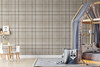 Fall Neutral brown tartan wallpaper in 78 inch repeat styled in a kids room with play tent, blue canopy bed, small table, toys, and soft neutral decor