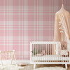 Pink plaid wallpaper styled in a nursery and kids bedroom with a soft vintage look 26x26 pattern