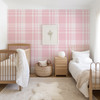 26x26 pattern Pink plaid wallpaper styled in a nursery and kids bedroom with a soft vintage look