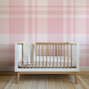 Pink plaid wallpaper styled in a nursery and kids bedroom with a soft vintage look 52x52 pattern
