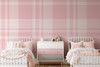 Pink plaid wallpaper styled in a nursery and kids bedroom with a soft vintage look 52x52 pattern