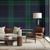 Traditional tartan plaid wallpaper with navy blue green and red line details