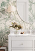 Elegant bathroom with Rosemary Botanical Wallpaper displaying oversized sage green botanical illustrations.