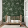 BOYS NRUSERY: Dark green cowboy wallpaper with vintage western horses and riders for nursery, bedroom or rustic farmhouse decor