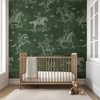 BOYS NRUSERY: Dark green cowboy wallpaper with vintage western horses and riders for nursery, bedroom or rustic farmhouse decor