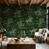 LIVING ROOM WALLPAPER: Dark green cowboy wallpaper with vintage western horses and riders for nursery, bedroom or rustic farmhouse decor