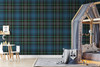 Blue Green Tartan Plaid wallpaper styled in a kids room with house bed, small table, toys, play tent, and classic boys room plaid decor