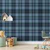 Blue Tartan Plaid wallpaper styled in a kids room with toy shelf, stuffed animals, small table, and classic blue plaid nursery decor 26 repeat