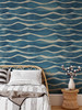 Navy and teal coastal wallpaper showing the flowing wave design at the 26-inch scale