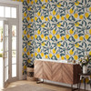 Botanical wallpaper with hand painted lemons and blue leaves