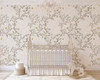 Woodland wallpaper with delicate butterflies and botanical trees on a neutral background