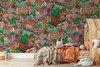 Nursery wallpaper with illustrated cityscape and colorful houses