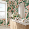 Scandinavian cottage wallpaper with green leaves and coral flowers in a bathroom