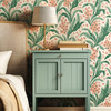 Botanical green floral wallpaper with coral flowers in Bedroom