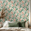 Botanical green floral wallpaper with coral flowers in Bedroom