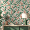 Retro Scandinavian botanical wallpaper with green leaves and coral flowers in an entryway