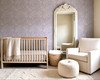 Wooden crib against Eleanor Lavender Roses English cottage floral wallpaper in lavender.
