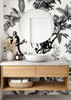 Modern bathroom with Margot Tropical Toile Wallpaper and round vanity mirror