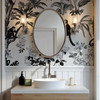 Bright bathroom with Margot Tropical Toile Wallpaper, monkeys and tropical botanical pattern