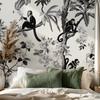 Elegant tropical toile wallpaper featuring monkeys, palm trees and vintage botanical illustrations