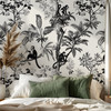 Elegant tropical toile wallpaper featuring monkeys, palm trees and vintage botanical illustrations