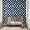 Blue Checkered Wallpaper, Hand Painted Watercolors Plaid Geometric Wallpaper 