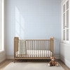 Classic blue plaid wallpaper in a nursery with wood crib and teddy bear